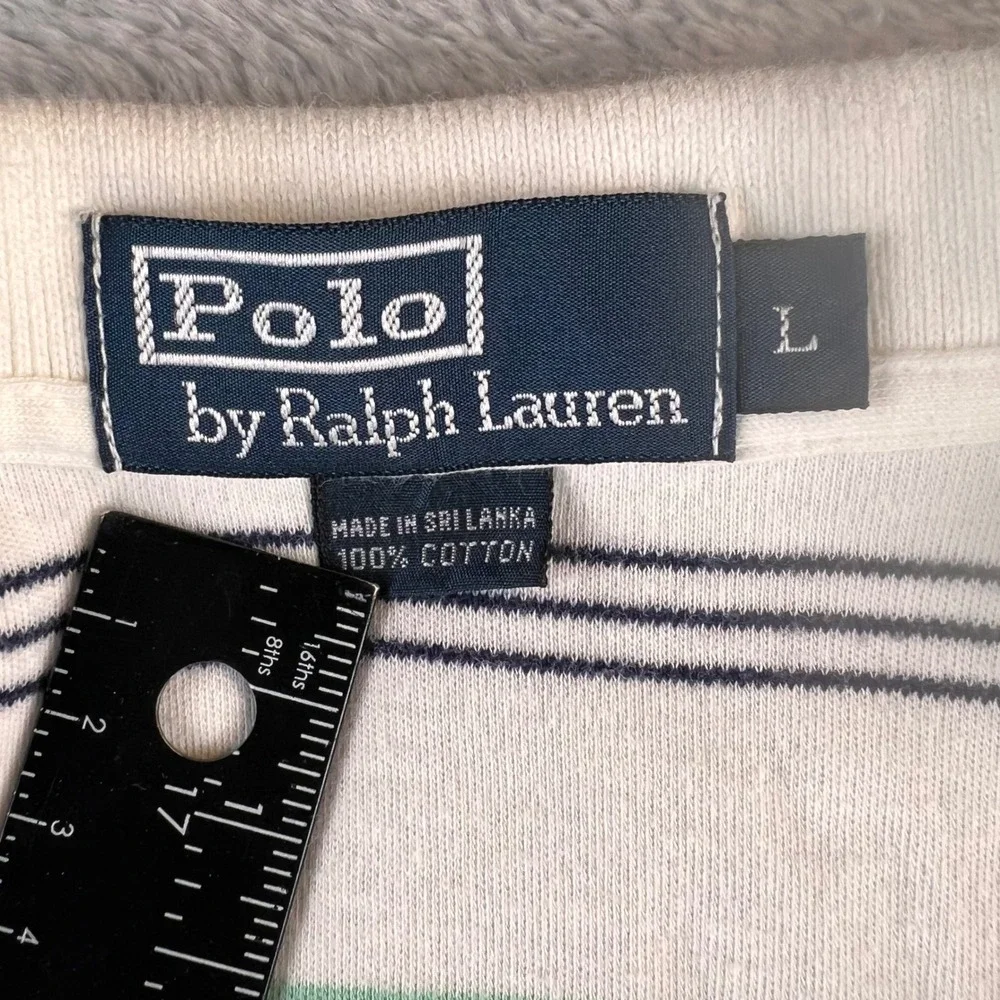 VTG Polo Ralph Lauren Mens Large White Green Navy Blue Striped Cotton Polo Shirt